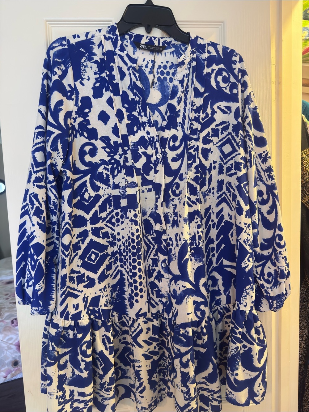 Zara White and Royal Blue Abstract Print Peplum Tunic